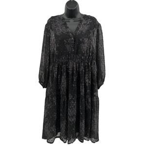 Torrid Midi Dress WMNS 2X Black Gray Swiss Dot Sheer Tiered Long Sleeve V-Neck